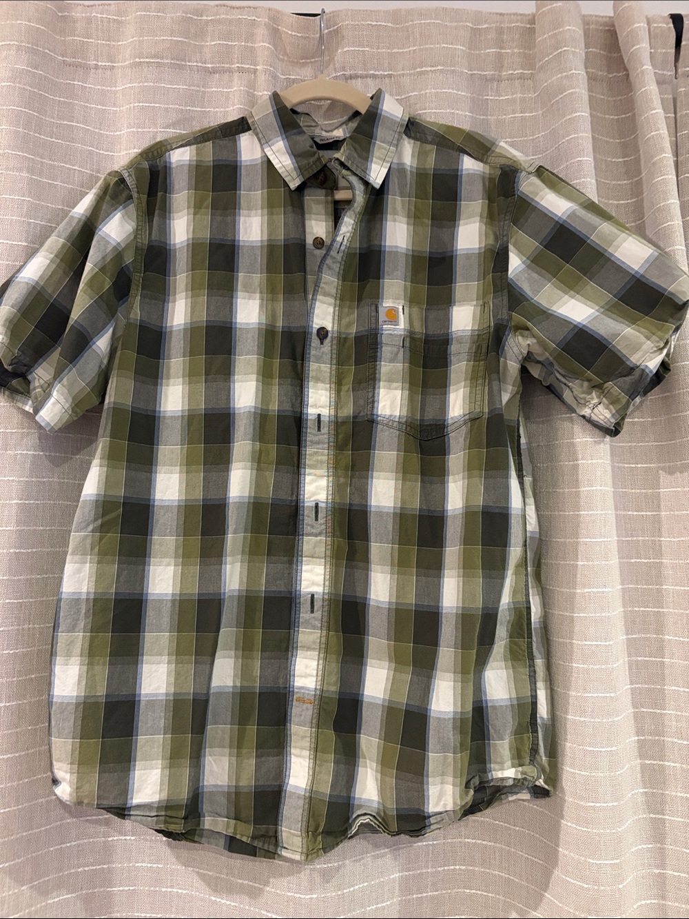 Carhartt Olive and White Plaid Short-Sleeve Button-Down Shirt